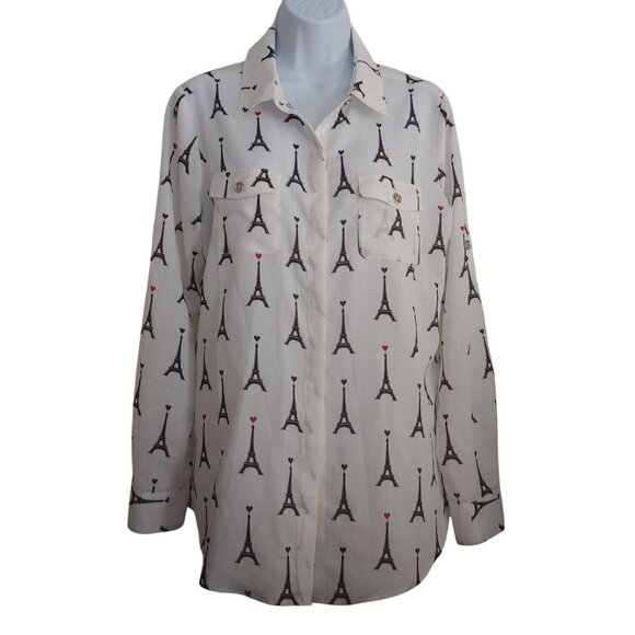 Karl Lagerfeld Red Heart Eiffel Tower Button L-Sleeve Paris Shirt M - Picture 1 of 10